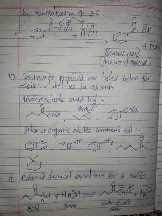b. Nentralization of 3 C . c-oNa x-ÖH + H tha Benzeic acid Dentral partiet 10. Compounds provided are listed below for their