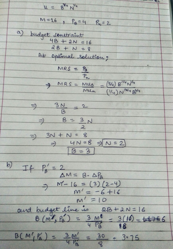 a)budget coustraint ヲ 3N 8 B=3 b) M- 16 ヲ (3) (2-4) ond b udect die line voN 16 13