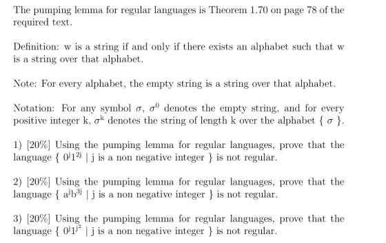 The pumping lemma for regular languages is Theorem 1.70 on page 78 of the required text. Definition: w is a string if and onl