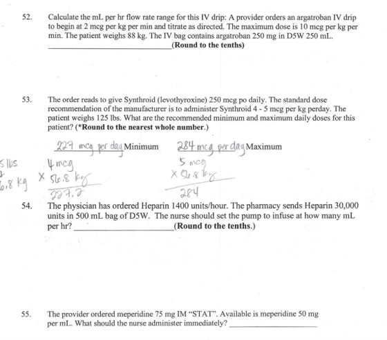 52. Calculate the mL per hr flow rate range for this IV drip: A provider orders an argatroban IV drip to begin at 2 mcg per k