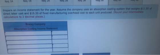 Reg 18 Req ZA Req1A Req 25 R Rey SA 3D NGYA Prepare an income statement for the year. Assume the company uses an absorption c