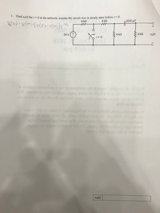 1. Find Do(t) nd oolt) for t>0 in the network, assume the circuit was in steady state before t>0. 200 μF 24v (+ volt)