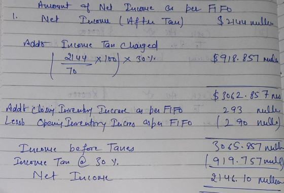 1. Amount Net of Nel Income Pucome GA per (After Tau) FIFO $2144 nullen Addt ? Income Tan charged 2144 x 1000 & 30%. T in $91