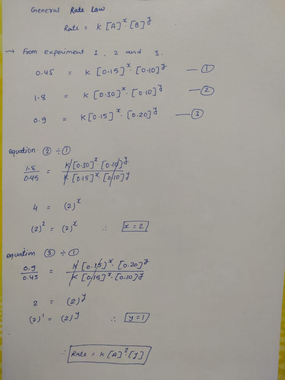 General Rate Law k TAC Rati = Foom experiment 1 and 3 . k [o.15) C010 O.45 11 k Co 30] Co-10] 18 1 K CO 15C0.207 O.9 equetion