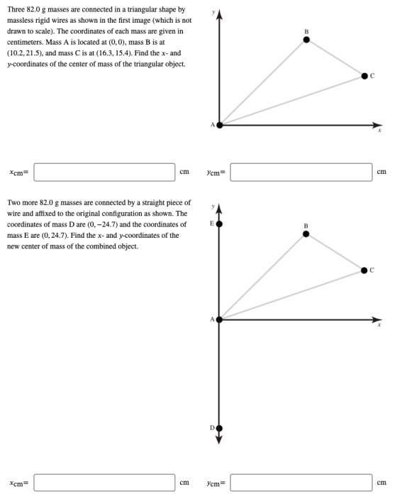 B Three 82.0 g masses are connected in a triangular shape by massless rigid wires as shown in the first image (which is not d