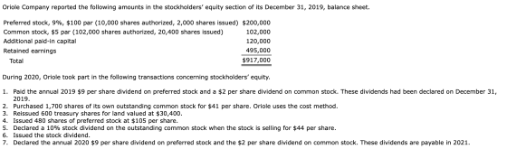Oriole Company reported the following amounts in the stockholders equity section of its December 31, 2019, balance sheet. Pr