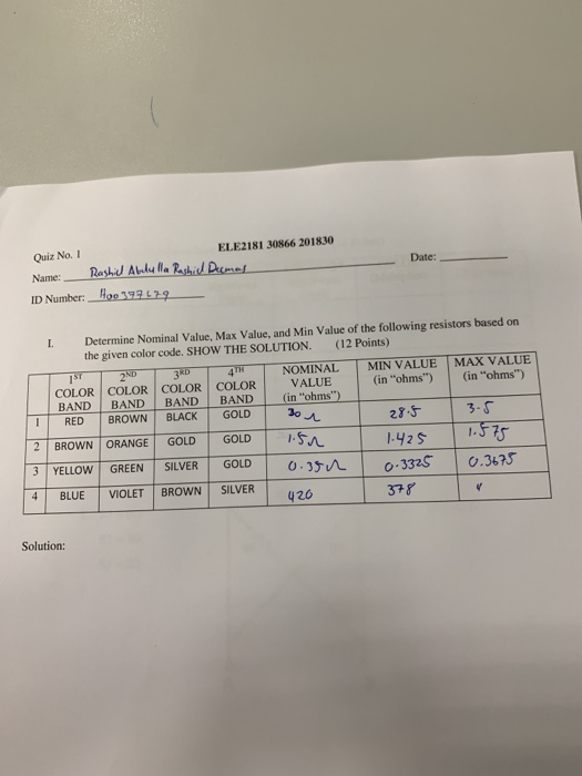 ELE2181 30866 201830 Quiz No. Date: ID Number: Hoo 3179 L Determine Nominal Value, Max Value, and Min Value of the following