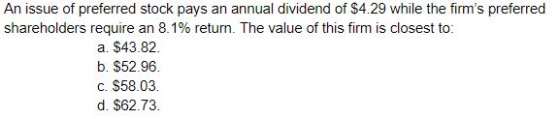 An issue of preferred stock pays an annual dividend of $4.29 while the firms preferred shareholders require an 8.1% return.