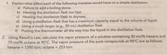 Explain what effect each of the following mistakes would have on a simple distillation: a) Failure to add a boiling stone. b)