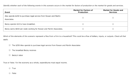 Identify whether each of the following events in this scenaio occurs in the market for factors of production or the market for goods and services Market for Factors of Mrket for Goods a Production Event Alex spends $250 to purchase legal service from Rowan and Martin Associates Services Becky spends $10 to have breakfast. Becky earns $650 per week working for Rowan and Martin Associates. Which of the elements of this scenario represent a flow from a firm to a household? This could be a flow of dollars, inputs, or outputs. Check all that apply. The $250 Alex spends to purchase legal service from Rowan and Martin Associates O The breakfast Becky receives Beckys labor True or False: For the economy as a whole, expenditures must equal income. O True O False