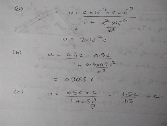 u= cхlot+cx15 7 I + 2 xicly or ez u= 2xlota (b) u= 0.5C+0.90 A B 1+5x0.92 0-5x0.902 = c2 0.9655 C u= 0. 5c+ o.o 1+0. 5² € - S