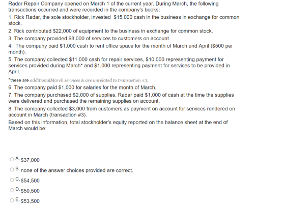 Radar Repair Company opened on March 1 of the current year. During March, the following transactions occurred and were record