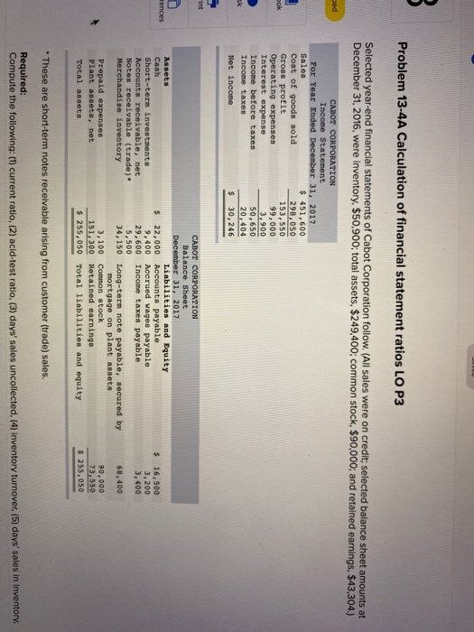 Problem 13-4A Calculation of financial statement ratios LO P3 Selected year-end financial statements of Cabot Corporation fol