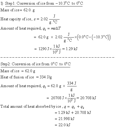 ) Step1: Conversion ofice from -10.3°C to 0°C Mass of ice 62.0.g Heat capcity of ice, s - 2.02 Amount of heat required, qi -