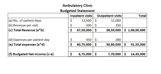Total Ambulatory Clinic Budgeted Statement Inpatient visits Outpatient visits $ 13,500 $ 11,000 $ 500 $ 350 $ 67,50,000 $ 38,