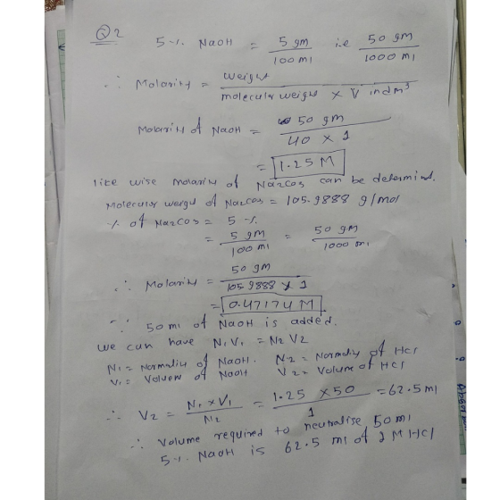 . ie 500 1000 m 5-1. NaoH - 5gm loomi Molarity a weight molecular weighe .: x indu 5 50 gm Molarity of NaoH = toxi 1.25 M 100