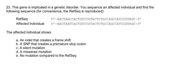 23. This gene is implicated in a genetic disorder. You sequence an affected individual and find the following sequence (for c