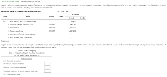 Cost of Production Report: Weighted average method Sunrise Coffee Company roasts and packs coffee beans. The process begins i