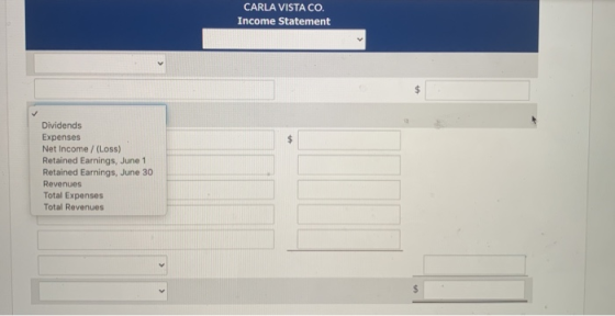 CARLA VISTA CO. Income Statement Dividends Expenses Net Income / (Loss) Retained Earnings, June 1 Retained Earnings, June 30