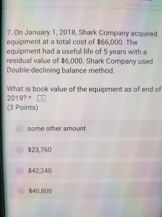 7. On January 1, 2018, Shark Company acquired equipment at a total cost of $66,000. The equipment had a useful life of 5 year