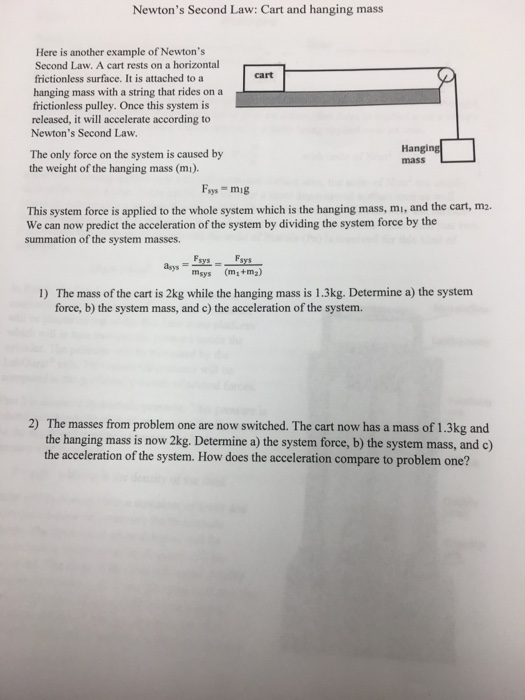 Newtons Second Law: Cart and hanging mass Here is another example of Newtons Second Law. A cart rests on a horizontal frict