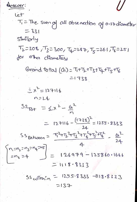 Answer: U let T = The su sung all observation of 0.37 diameter -331 Similarly T2=308;T3-300, To=287, T5=261,7=251 for other d