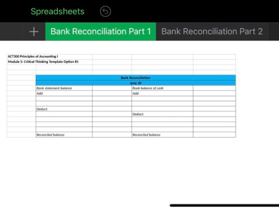 Spreadsheets + Bank Reconciliation Part 1 Bank Reconciliation Part 2 ACT300 Principles of Accounting Module 5: Critical Think