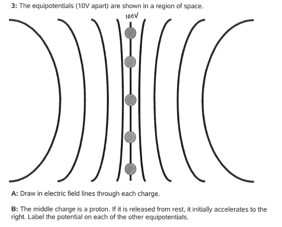 3: The equipotentials (10V apart) are shown in a region of space. 0oV A: Draw in electric field lines through each charge. B: The middle charge is a proton. If it is released from rest, it initially accelerates to the right. Label the potential on each of the other equipotentials.