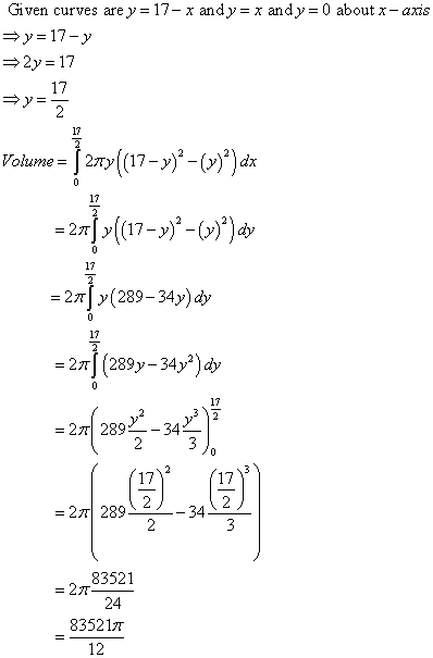 Given curves are y=17- x and y= x and y=0 about x-axis = = 17 - = 2 = 17 17 . = لا = 17 x ) ) dx) - (- 17) 27 أ = Volume = 17