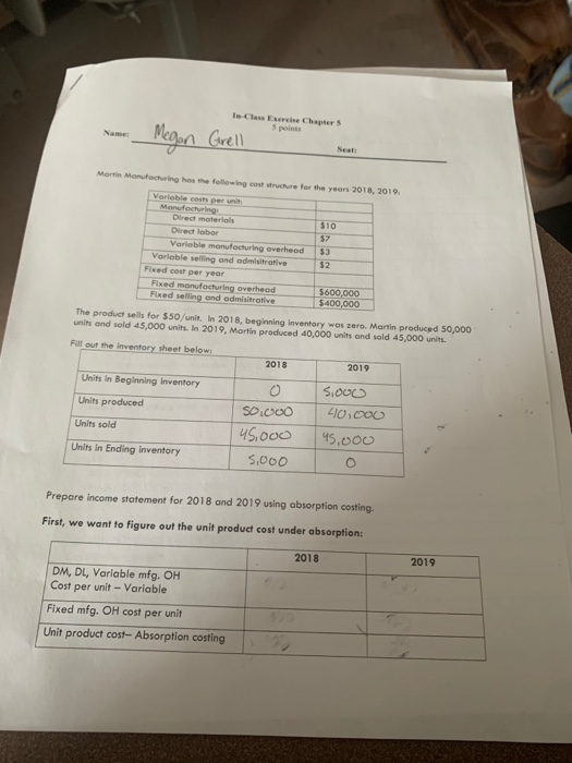 le-class scrise Ch 1 Grell Seat Martin Manufacturing hos the following co r e for the year 2018, 2019 Variable cos por un Man