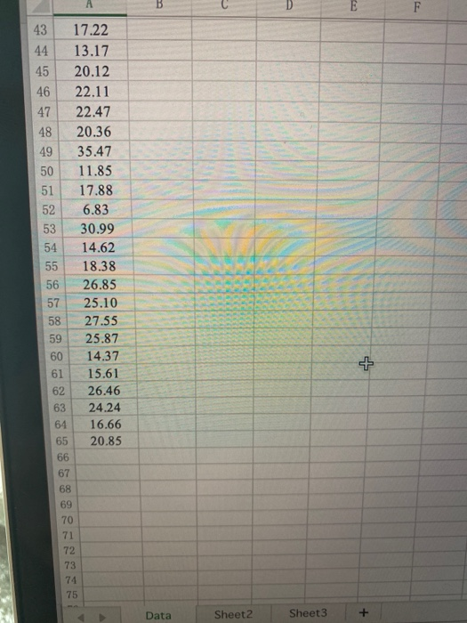 B F 43 17.22 44 13.17 45 20.12 46 22.11 47 22.47 48 20.36 49 35.47 50 11.85 51 17.88 52 6.83 53 30.99 54 14.62 55 18.38 56 26