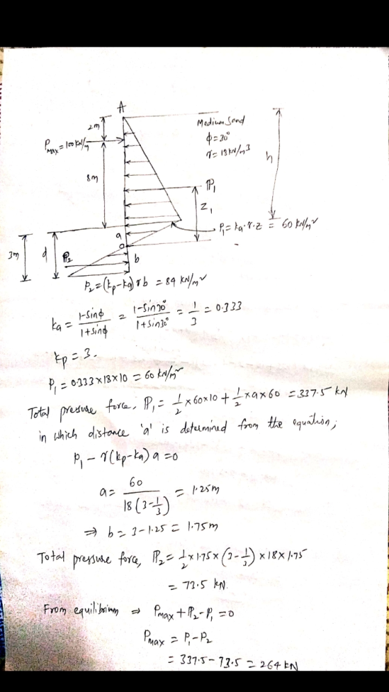 2m Medium sand 0=300 Panx = loo ka N = 18 kN/m] &M Pi • P= tarz = 60 kN/mV 2m P b 2 1-sino Itsing Py = (kp-kg)r b = 84 kN/mY