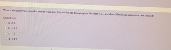 What is the genotypic ratio that results when two flowers that are heterozygous for color (Cc), and show Mendelian inheritanc