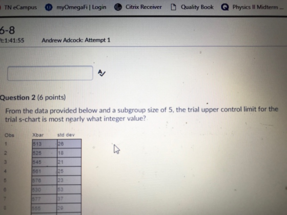 TN eCampus myOmegaFi I Login Citrix Receiver D Quality Book Q Physics II Midterm 6-8 t:1:41:55 Andrew Adcock: Attempt 1 Quest