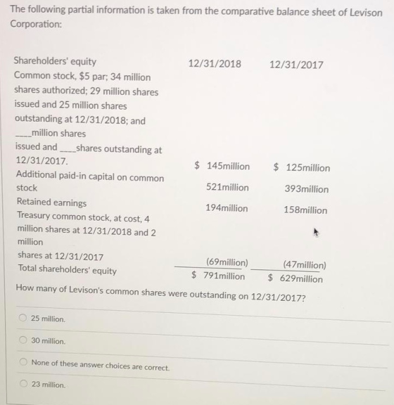 The following partial information is taken from the comparative balance sheet of Levison Corporation: 12/31/2018 12/31/2017 Shareholders equity Common stock, $5 par; 34 million shares authorized; 29 million shares issued and 25 million shares outstanding at 12/31/2018; and million shares issued and shares outstanding at $ 145million 125million 393million 158million 12/31/2017. Additional paid-in capital on common stock Retained earnings Treasury common stock, at cost, 4 million shares at 12/31/2018 and 2 million shares at 12/31/2017 Total shareholders equity 521million 194million (69million) $ 791million (47million) 629million How many of Levisons common shares were outstanding on 12/31/2017? 25 million. O 30 million. O None of these answer choices are correct. 23 million.