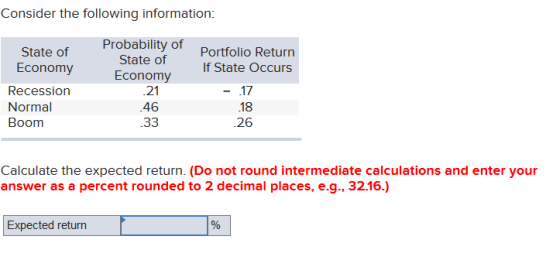 Consider the following information: Probability of State of Economy State of Economy Recession Normal Boom Portfolio Return I