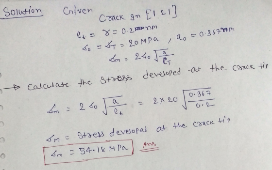 Griven ao = 0.3670m Solution Crack on [121] l= 8= 0.2 menm so = by = 20Mpa Sm - 250 a LT calculate the stress developed at th