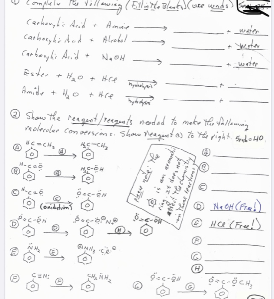 complely the follow, + NaOH following (Fill in the Blanks (ose wnds carboxylic Acid + Amine water carboxylic Aad & Alcohol Ca