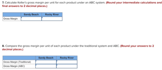 7. Calculate Kellers gross margin per unit for each product under an ABC system. (Round your intermediate calculations and f