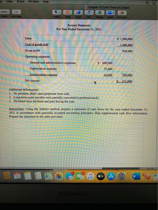 ge View Share Window Help 127% + Add Page Chapter 12 Cash Flows EC.pages то Shape Media Comment Zoom Insert Chart Income Stat