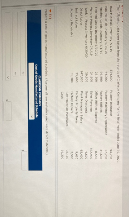 VAL The following data were taken from the records of Clarkson Company for the fiscal year ended June 30, 2020. Raw Materials