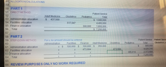 48 ALLOCATION CALCULATIONS 49 50 PART 1 51 DIRECT METHOD: 52 Obstetrics Adult Medicine $ 437,500 53 Administration allocation