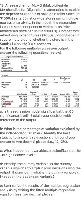 12: A researcher for MLMO (Malco Lifestyle Merchandise for Oligarchs) is attempting to explain the dependent variable of soli