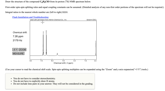 Draw the structure of the compound CH CIO from its proton (H) NMR spectrum below. First-order spin-spin splitting rules and