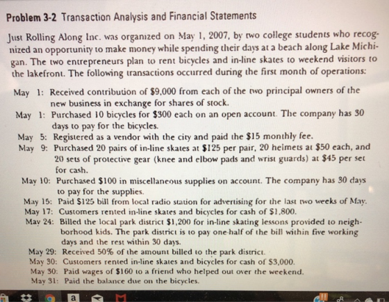 Problem 3-2 Transaction Analysis and Financial Statements Just Rolling Along Inc. was organized on May 1, 2007, by wo college students who recog nized an opportunity to make money while spending their days at a beach along Lake Michi- gan. The two entrepreneurs plan to rent bicycles and in-line skates to weekend visitors to the lakefront. The following uransactions occurred during the first month of operations: May 1: Received contribution of $9,000 from each of the two principal owners of the May 1: Purchased 10 bicycles for $300 each on an open account. The company has 30 May 9: Purchased 20 pairs of in-line skates at $125 per pair, 20 helmes at $50 each, and May 10: Purchased $100 in miscellaneous supplies on account. The company has 30 days new business in exchange for shares of stock. days to pay for the bicycles. 20 sets of protective gear (knee and elbow pads and wrist guards) at $45 per set May 5: Registered as a vendor with the city and paid the $15 monthly fee. for cash to pay for the supplies. May 17: Customers rented in-line skates and bicycles for cash of $1,800. May 24: Billed the local park district $1,200 for in-line skating lessons provided to neigh- borhood kids. The park district is to pay one half of the bill within five working days and the rest within 30 days May 29: Received 50% of the amount billed to the park district. May 30: Customers rented in-line skates and bicycles for cash of S3,000. May 30: Paid wages of $160 to a friend who helped out over the weekend. May 31: Paid the balance due on the bicycles.
