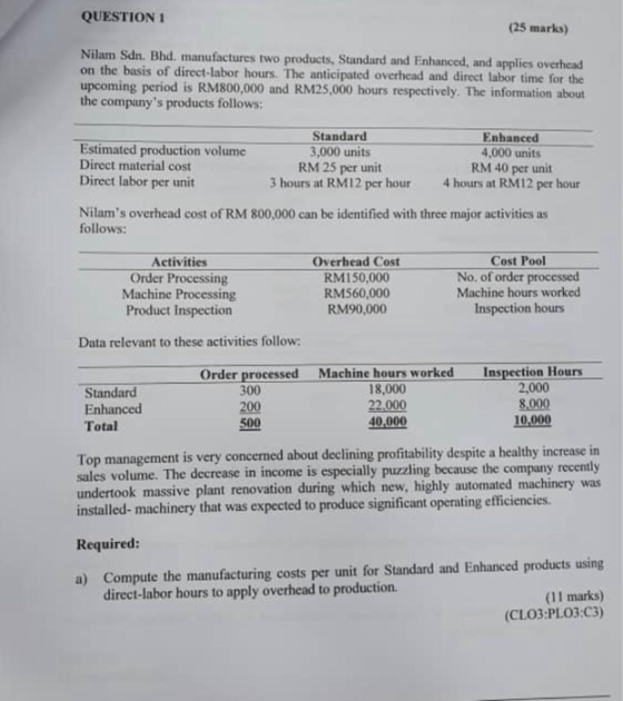 QUESTION 1 (25 marks) Nilam Sdn. Bhd. manufactures two products, Standard and Enhanced, and applies overhead on the basis of