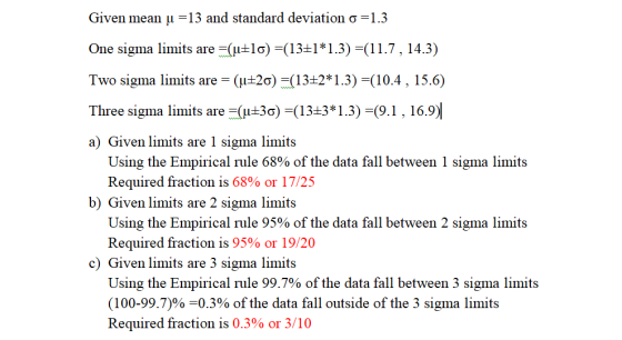 Given mean u =13 and standard deviation o =1.3 ( One sigma limits are 13+11.3)(11.7, 14.3) Two sigma limits are (2(1321.3) (1