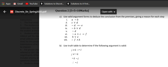 Hi Apps M Gmail YouTube S Solutions to Discret... S Solutions to A First... k Question 2 [5+5=10Marks] PDF Discrete_Str_Sprin