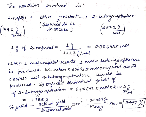 The nation irolvedl оh er A-napte t reautant 2- butonynaptahene (200.29 (assumed to Le in ecess पप-३ । 2nafphtal= 0006935 mol