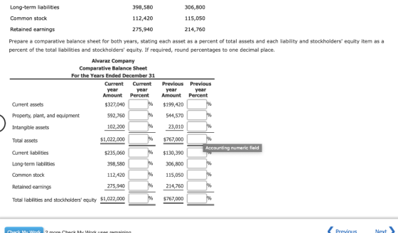 Long-term liabilities 398,580 306,800 115,050 Common stock 112,420 275,940 Retained earnings 214,760 Prepare a comparative ba